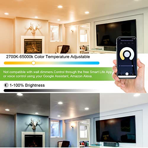 6 Inch Smart Wi-Fi Ultra Slim LED Recessed Lighting, RGBW Color Changing Tunable White LED Downlight with Junction Box, 14w=100w, 1200lm, Compatible with Alexa and Google Assistant - 6 Pack