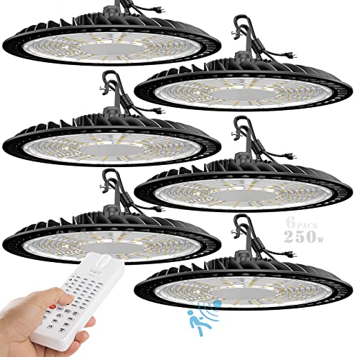 250W LED High Bay Light with Multifunction, Dimmable/Sensing Distance/Hold Time Adjustable Motion Activated High Bay LED Light 35000lm UFO High Bay Lighting with Smart Remote Control-6Pack