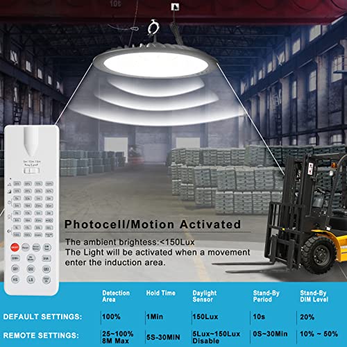 250W LED High Bay Light with Multifunction, Dimmable/Sensing Distance/Hold Time Adjustable Motion Activated High Bay LED Light 35000lm UFO High Bay Lighting with Smart Remote Control-6Pack