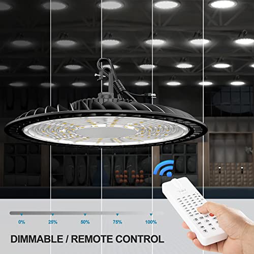 250W LED High Bay Light with Multifunction, Dimmable/Sensing Distance/Hold Time Adjustable Motion Activated High Bay LED Light 35000lm UFO High Bay Lighting with Smart Remote Control-6Pack