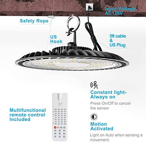 250W LED High Bay Light with Multifunction, Dimmable/Sensing Distance/Hold Time Adjustable Motion Activated High Bay LED Light 35000lm UFO High Bay Lighting with Smart Remote Control-6Pack