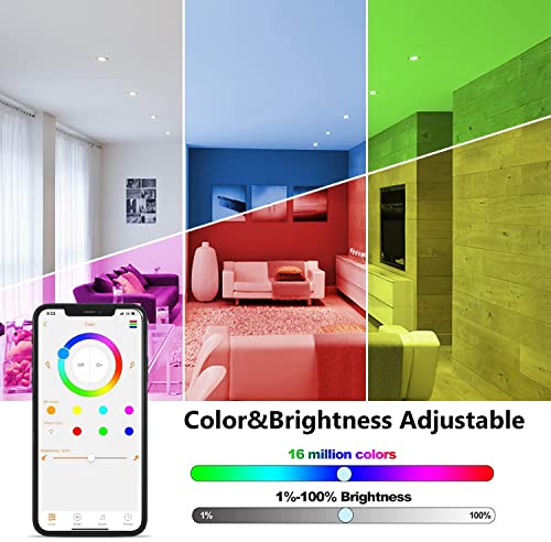 Recessed Lighting 6 Inch Smart Recessed Ceiling Light 16W 1350LM Color Changing LED Downlight RGB & Daylight 5000K Dimmable by Bluetooth Control,16 Million Colors,DIY Scenes,Timer,23 Modes,6 Pack