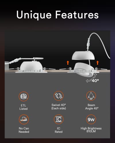 Lumary Smart Recessed Lighting 4 Inch - 9W 810 Lumens Gimbal Canless Recessed Lighting Color Changing Dimmable 2700K to 6500K RGB Wafer Lights Work with Alexa/Google Assistant ETL Certified 4 Pcs