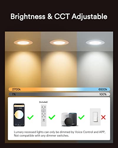Lumary 6 Inch Smart WiFi Recessed Lights 13W Smart Recessed Lighting Ultra-Thin and Anti-Glare Trim Smart LED Recessed Light RGBWW with Junction Box Work with Alexa/Google Assistant/BT Controller 4PCS