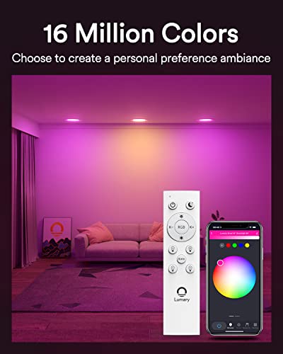 Lumary 6 Inch Smart WiFi Recessed Lights 13W Smart Recessed Lighting Ultra-Thin and Anti-Glare Trim Smart LED Recessed Light RGBWW with Junction Box Work with Alexa/Google Assistant/BT Controller 4PCS