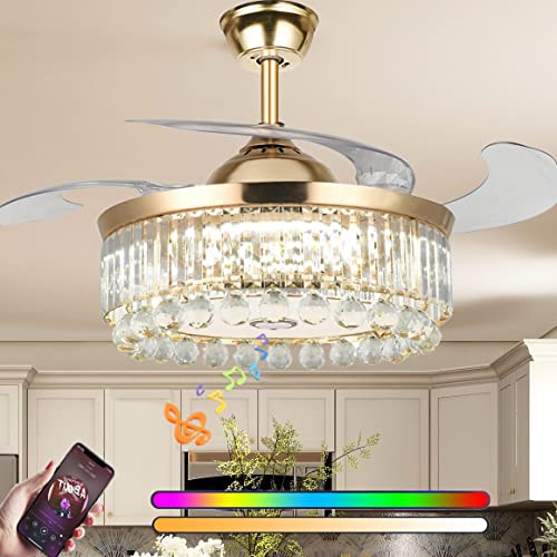 Fandian 42” Modern Ceiling Fan with Lights Remote, Smart Bluetooth Fandelier Crystal Chandelier Fan with Speaker, RGB Dimmable Lighting, Reverse 6-Speeds Fan for Bedroom
