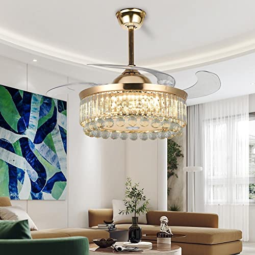 Fandian 42” Modern Ceiling Fan with Lights Remote, Smart Bluetooth Fandelier Crystal Chandelier Fan with Speaker, RGB Dimmable Lighting, Reverse 6-Speeds Fan for Bedroom