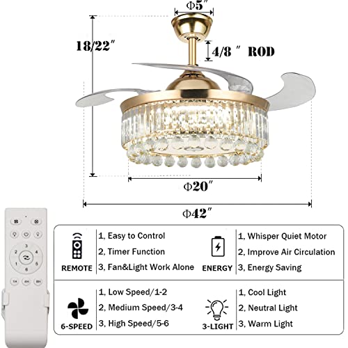 Fandian 42” Modern Ceiling Fan with Lights Remote, Smart Bluetooth Fandelier Crystal Chandelier Fan with Speaker, RGB Dimmable Lighting, Reverse 6-Speeds Fan for Bedroom
