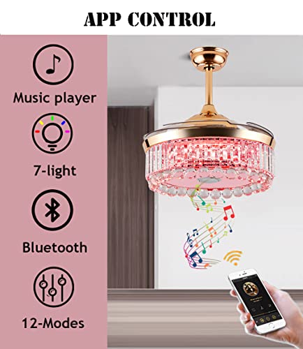 Fandian 42” Modern Ceiling Fan with Lights Remote, Smart Bluetooth Fandelier Crystal Chandelier Fan with Speaker, RGB Dimmable Lighting, Reverse 6-Speeds Fan for Bedroom