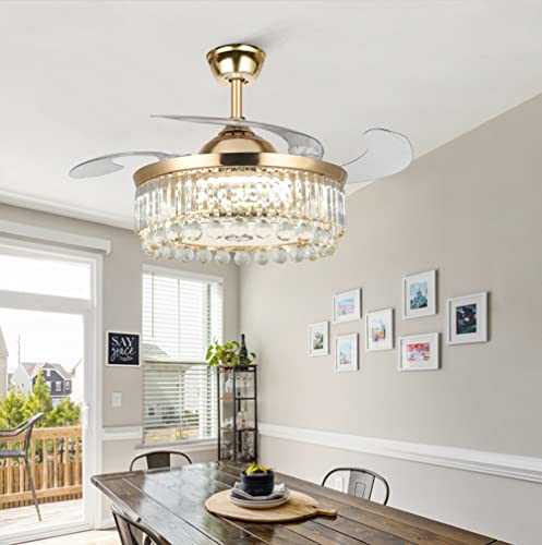 Fandian 42” Modern Ceiling Fan with Lights Remote, Smart Bluetooth Fandelier Crystal Chandelier Fan with Speaker, RGB Dimmable Lighting, Reverse 6-Speeds Fan for Bedroom