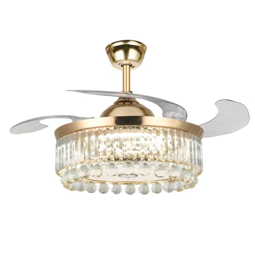 Fandian 42” Modern Ceiling Fan with Lights Remote, Smart Bluetooth Fandelier Crystal Chandelier Fan with Speaker, RGB Dimmable Lighting, Reverse 6-Speeds Fan for Bedroom