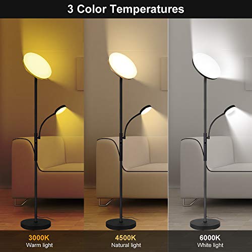 Dimunt Floor Lamp LED Floor Lamps for Living Room Bright Lighting, 27W/2000LM Main Light and 7W/350LM Side Reading Lamp, Adjustable 3 Colors Tall Lamp with Remote & Touch Control - Aterrimus