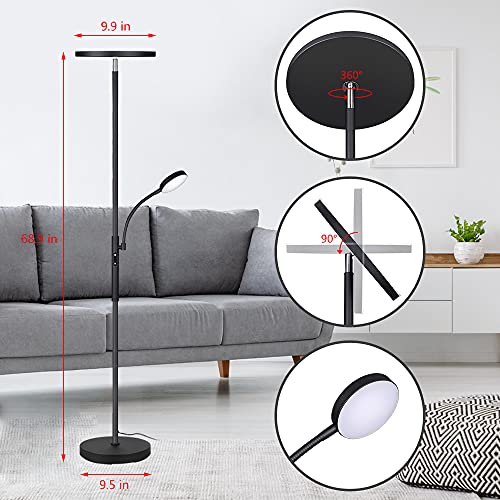Dimunt Floor Lamp LED Floor Lamps for Living Room Bright Lighting, 27W/2000LM Main Light and 7W/350LM Side Reading Lamp, Adjustable 3 Colors Tall Lamp with Remote & Touch Control - Aterrimus