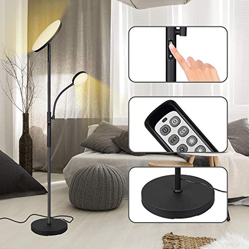 Dimunt Floor Lamp LED Floor Lamps for Living Room Bright Lighting, 27W/2000LM Main Light and 7W/350LM Side Reading Lamp, Adjustable 3 Colors Tall Lamp with Remote & Touch Control - Aterrimus