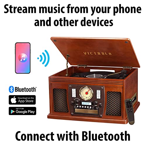 Victrola 8-in-1 Bluetooth Record Player & Multimedia Center, Built-in Stereo Speakers - Turntable, Wireless Music Streaming with Stand, Real Wood | Mahogany