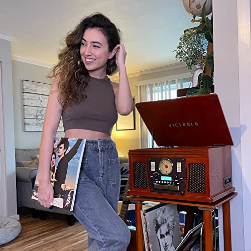 Victrola 8-in-1 Bluetooth Record Player & Multimedia Center, Built-in Stereo Speakers - Turntable, Wireless Music Streaming with Stand, Real Wood | Mahogany