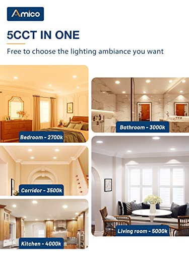 Amico 12 Pack 6 Inch 5CCT Ultra-Thin LED Recessed Ceiling Light with Junction Box, 2700K/3000K/3500K/4000K/5000K Selectable, 12W Eqv 110W, Dimmable Canless Wafer Downlight, 1050LM Brightness -ETL&FCC