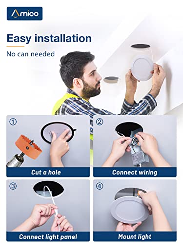 Amico 12 Pack 6 Inch 5CCT Ultra-Thin LED Recessed Ceiling Light with Junction Box, 2700K/3000K/3500K/4000K/5000K Selectable, 12W Eqv 110W, Dimmable Canless Wafer Downlight, 1050LM Brightness -ETL&FCC