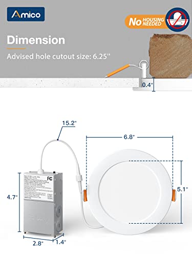 Amico 12 Pack 6 Inch 5CCT Ultra-Thin LED Recessed Ceiling Light with Junction Box, 2700K/3000K/3500K/4000K/5000K Selectable, 12W Eqv 110W, Dimmable Canless Wafer Downlight, 1050LM Brightness -ETL&FCC