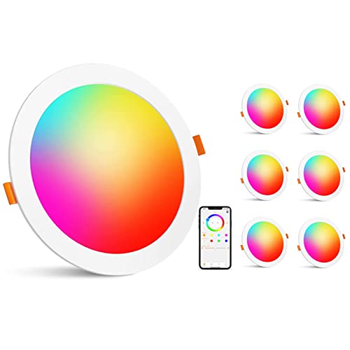 Recessed Lighting 6 Inch Smart Recessed Ceiling Light 16W 1350LM Color Changing LED Downlight RGB & Daylight 5000K Dimmable by Bluetooth Control,16 Million Colors,DIY Scenes,Timer,23 Modes,6 Pack