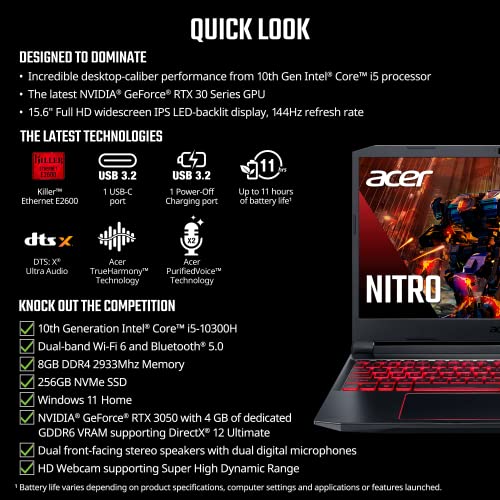 Acer Nitro 5 AN515-55-53E5 Gaming Laptop | Intel Core i5-10300H | NVIDIA GeForce RTX 3050 GPU | 15.6" FHD 144Hz IPS Display | 8GB DDR4 | 256GB NVMe SSD | Intel Wi-Fi 6 | Backlit Keyboard