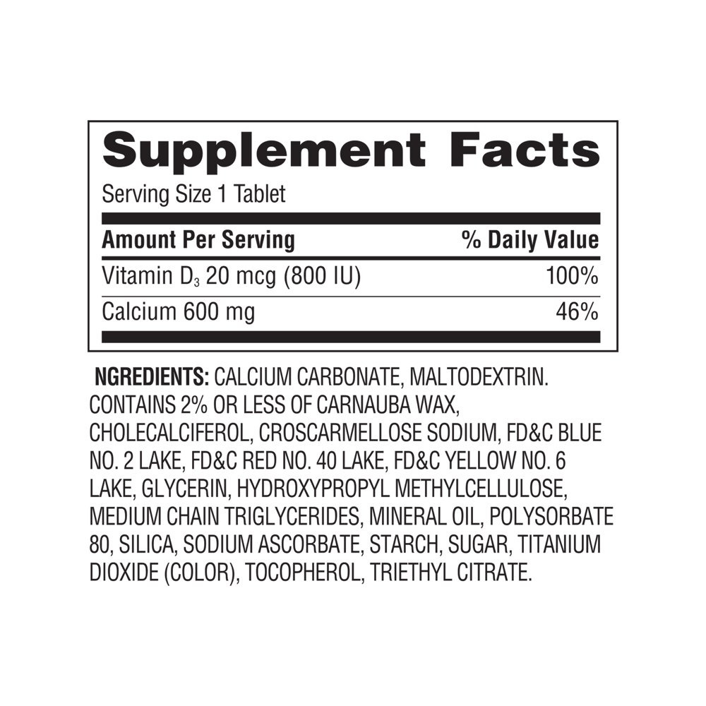 Equate Calcium + D3 Tablets Dietary Supplement, 600 mg, 120 Count