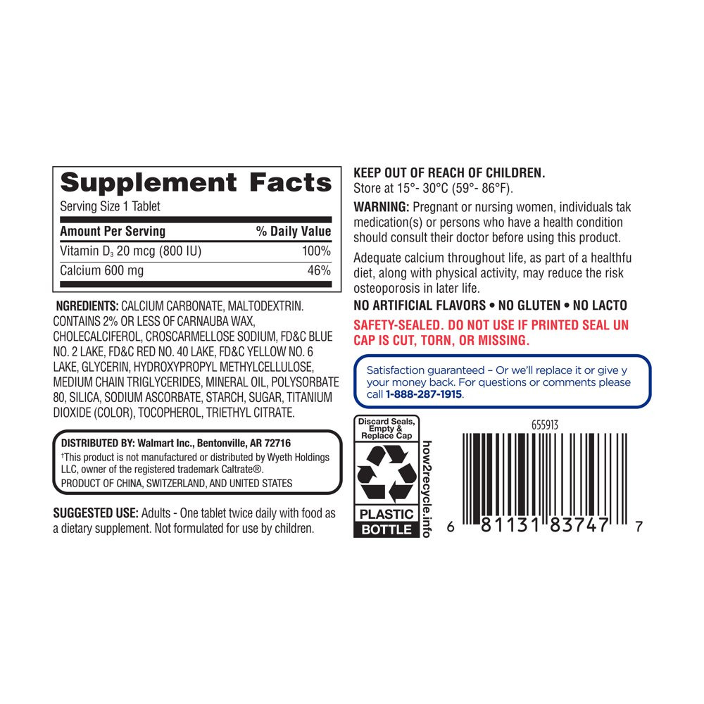 Equate Calcium + D3 Tablets Dietary Supplement, 600 mg, 120 Count