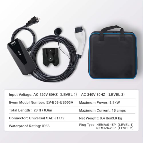 Portable EV Charger for SAE J1772 EVs, Level 1+2