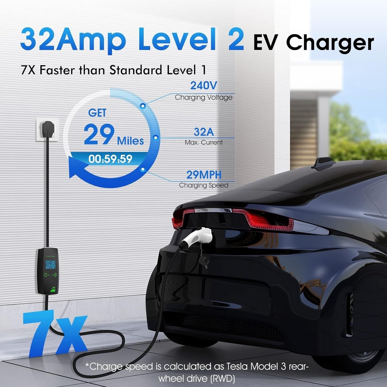 Portable Level 2 EV Charger, 32 Amp, 16.4ft Cable