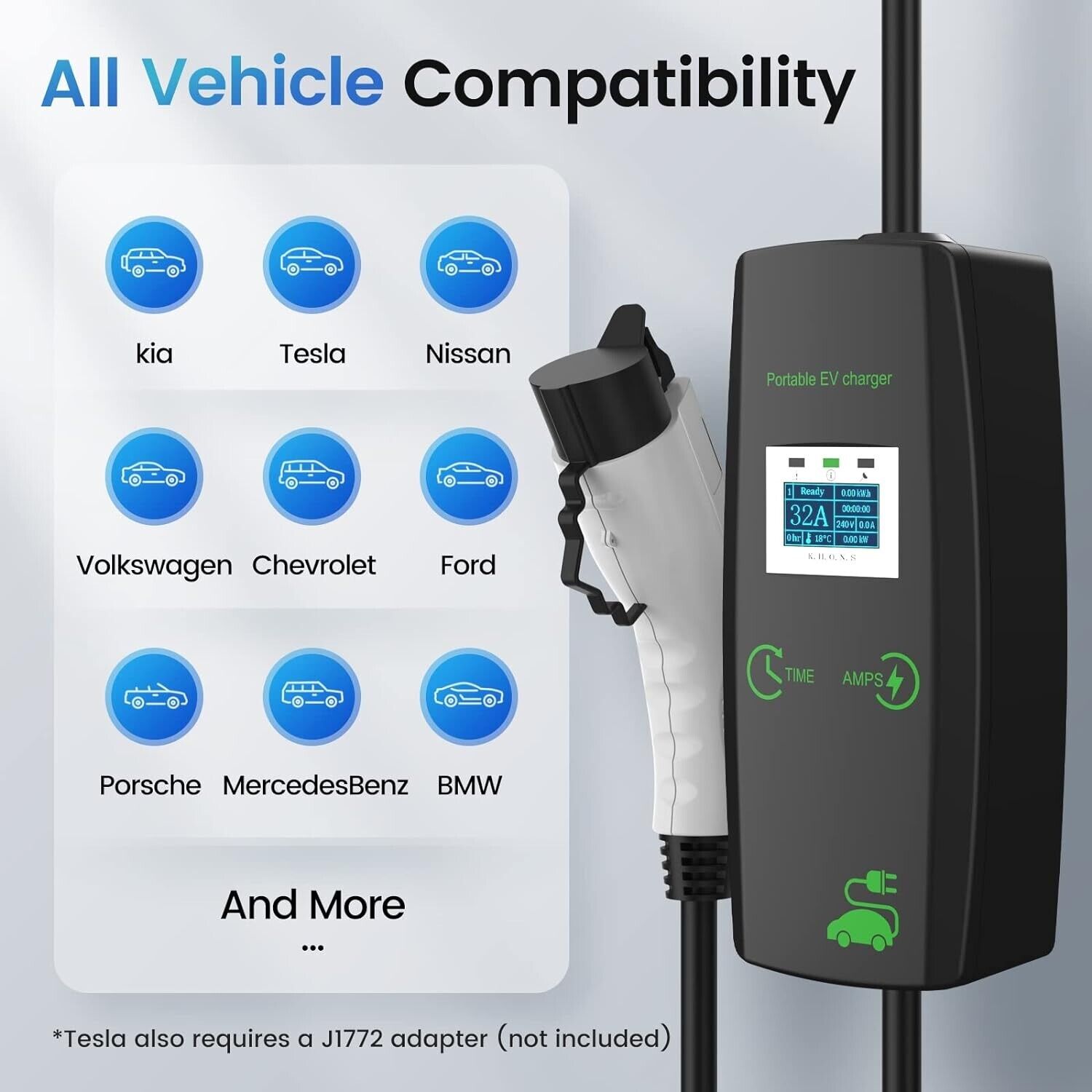 Portable Level 2 EV Charger, 32 Amp, 16.4ft Cable