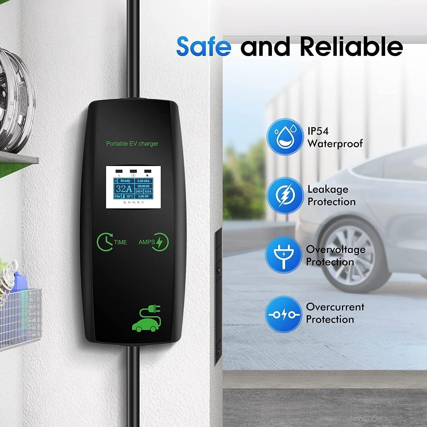 Portable Level 2 EV Charger, 32 Amp, 16.4ft Cable