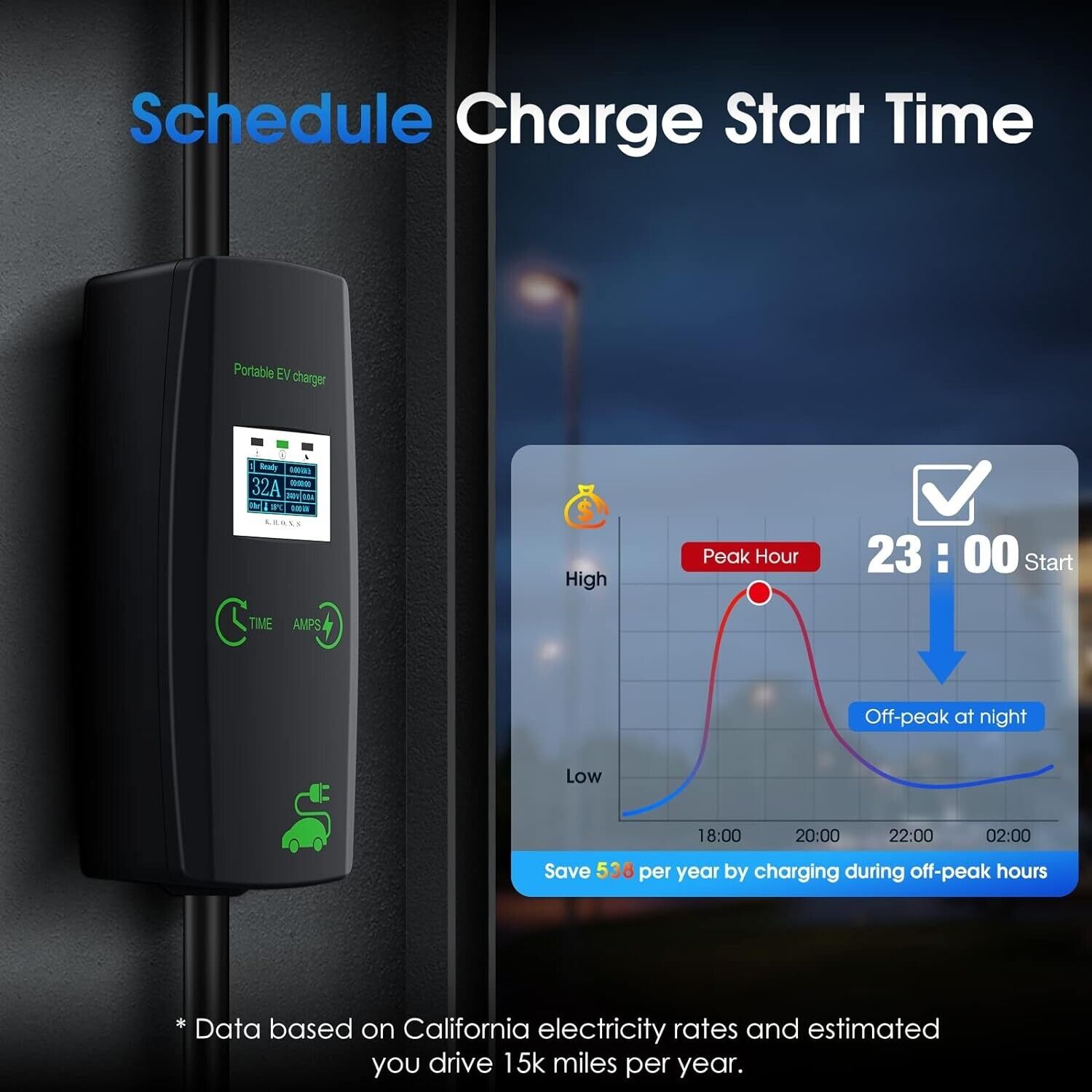 Portable Level 2 EV Charger, 32 Amp, 16.4ft Cable