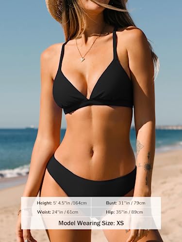 CUPSHE Bikini Set for Women Two Piece Swimsuits V Neck Low Rise Crisscross Back Self Tie Spaghetti Straps,M Black