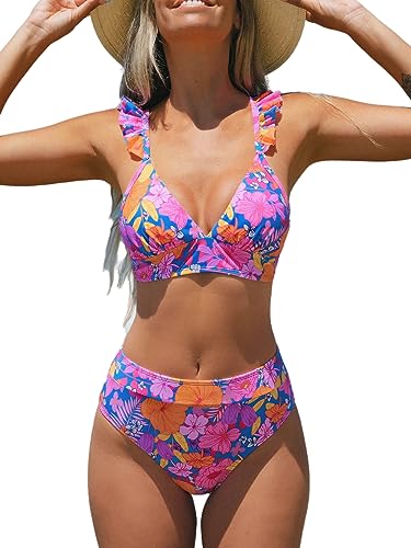 CUPSHE Floral Print Ruffle V Neck Bikini Set