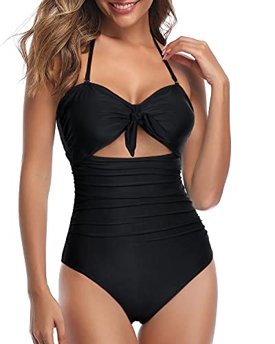 Black Sexy Cutout One Piece Swimsuit, Tummy Control
