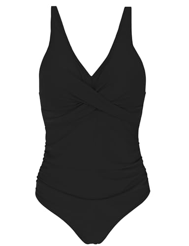 Black V-Neck Tummy Control One Piece Swimsuit