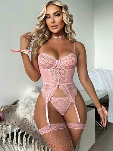 WDIRARA Women's Sexy Lingerie Set Floral Lace Garter Bustier Lingerie Set with 1Pair Fishnet Stocking Light Pink S