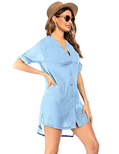 Clear Blue V-Neck Swimsuit Cover Up Shirt