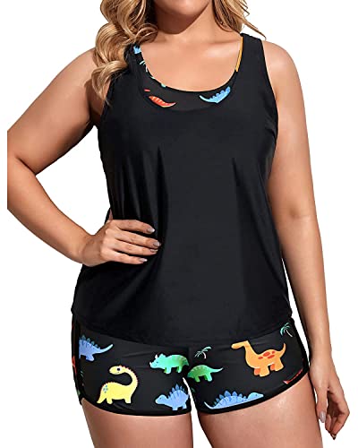 Holipick Women's Black Dinosaur Plus Size Swimsuit Set