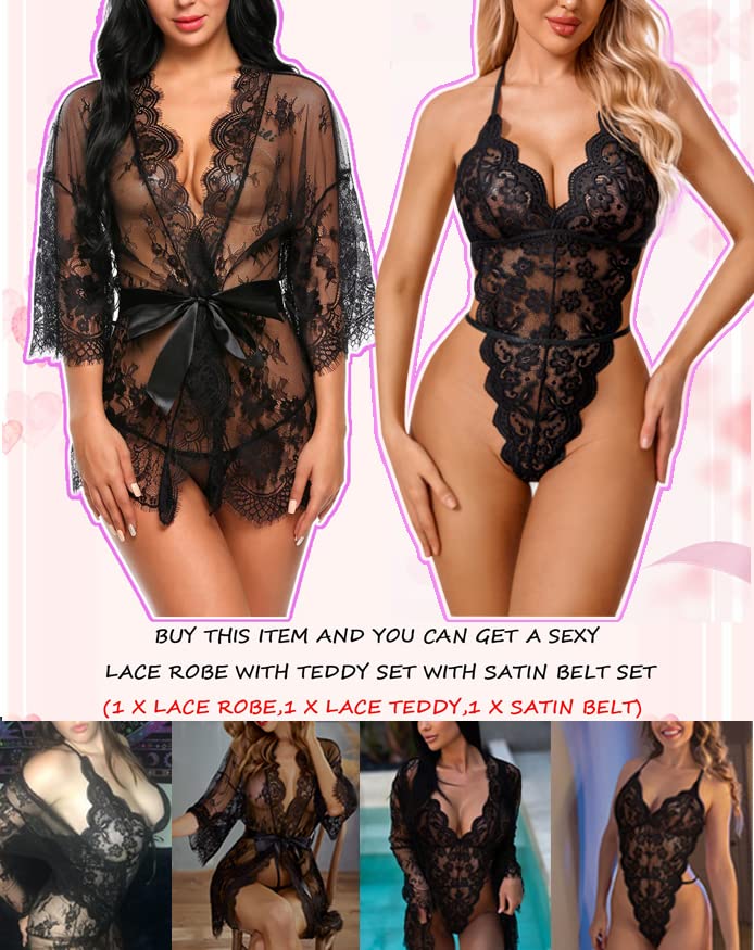Avidlove Women Sexy Bridal Lingerie Set 2 Piece Lace Robe With Sheer Teddy Babydoll Bodysuit Black