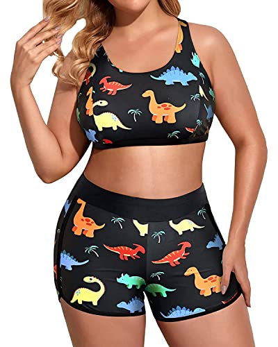 Holipick Women's Black Dinosaur Plus Size Swimsuit Set