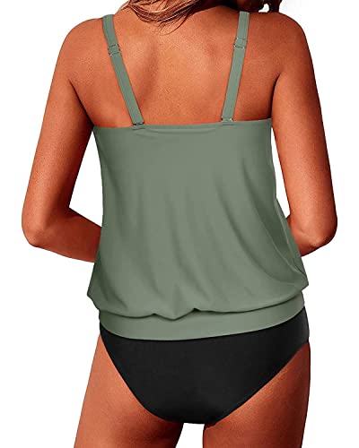 Yonique Two Piece Green Blouson Tankini Swimsuit for Women