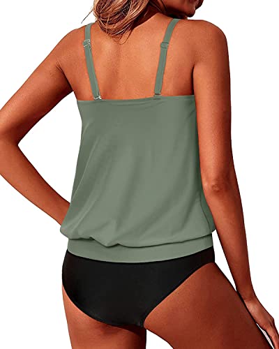 Yonique Two Piece Green Blouson Tankini Swimsuit for Women