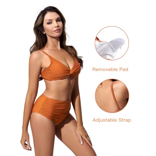 Solid V Neck High Waisted Bikini Set Brick Red