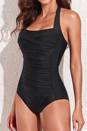 Vintage Retro Tummy Control One Piece Swimsuit Black