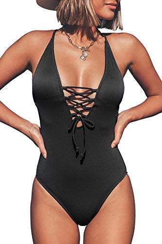 Black Backless Tie V Neck One Piece Swimsuit