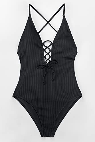 Black Backless Tie V Neck One Piece Swimsuit