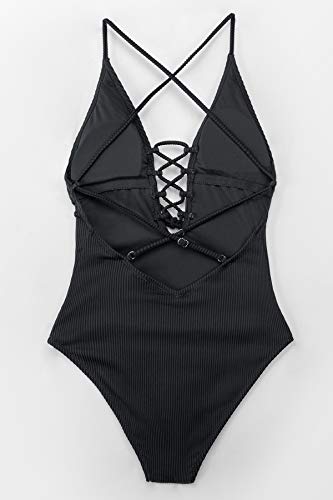 Black Backless Tie V Neck One Piece Swimsuit