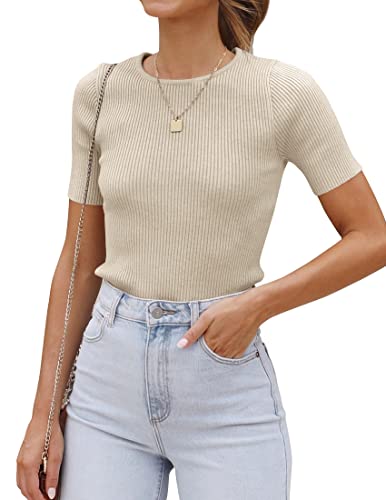 ZESICA Crewneck Short Sleeve T-Shirt, 2024 Summer, Almond