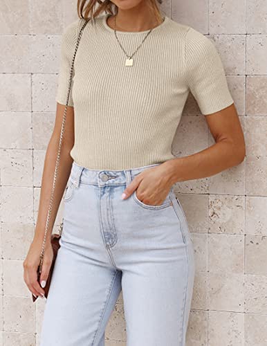 ZESICA Crewneck Short Sleeve T-Shirt, 2024 Summer, Almond